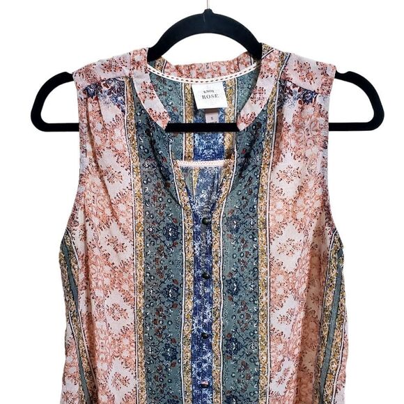 Knox Rose Womens Bohemian Pink/Green Top Size Small Earthy Semi-Sheer Tie-Front - Picture 2 of 13